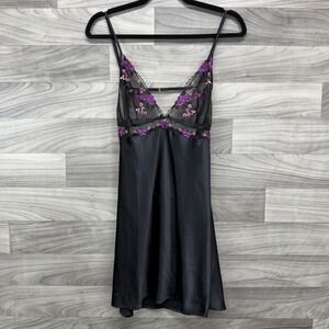 Victoria's Secret Slip Chemise Womens L Black Stretch Floral Embroidered Sexy